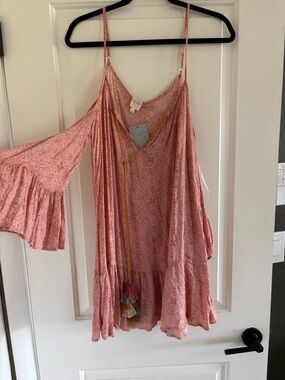 Surf Gypsy Rust Boho Mini Dress Open Shoulder Bell Sleeves with Tassel Tie Small